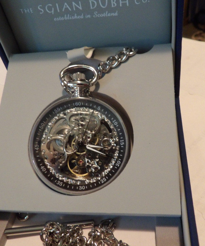 Sgian Dubh Co. silver tone pocket watch mechanical skeleton & chain