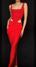 House of CB Red Corset Cut Out Bodycon Midi Dress Square Neck XS Zip