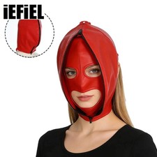 Leather Mask Full Face Double Layer Headgear Zip Head Hood Adjustable Lace-Up Le
