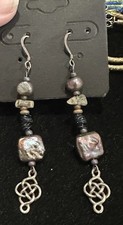 Vintage Sterling Silver Celtic knot Drop Earrings Square Peacock Pearl