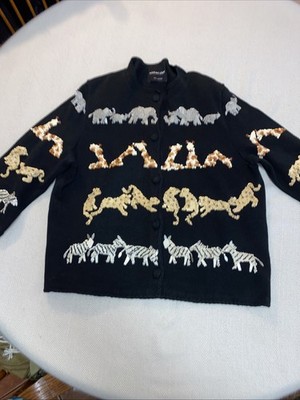 Michael Simon New York Cardigan Sweater Black Animal Sequin Lion Safari Size L