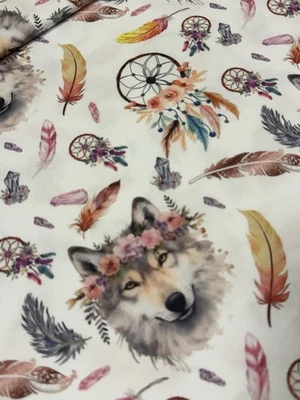 BERLISHOP.DE 50 cm Boho Traumfänger Wolf Feder Baumwolle-Canvas Stoff 160 cm breit
