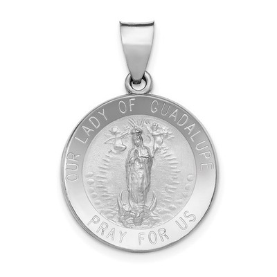 14K Weißgold poliert & satiniert hohl Unsere Liebe Frau von Guadalupe Medaille runder Anhänger