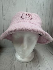 Hello Kitty Pink Fuzzy Bucket Hat Faux Fur Shearling Embroidered