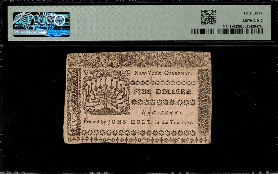NY-180 New York Colonial Currency - September 2 1775 - $5 - Graded PMG 53 - Image 2 of 2