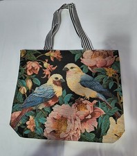 Zippered Canvas Tote Bag - Large, Floral, Birds 17" x 14"