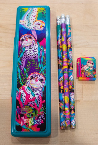 Vintage 90s Lisa Frank Skeeter Seal Plastic Pencil Case w / Pencils Eraser