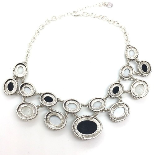 DANA BUCHMAN GREEN BLACK PEARL CABOCHON NECKLACE BIB COLLAR SILVER TONE REGAL - Picture 11 of 12