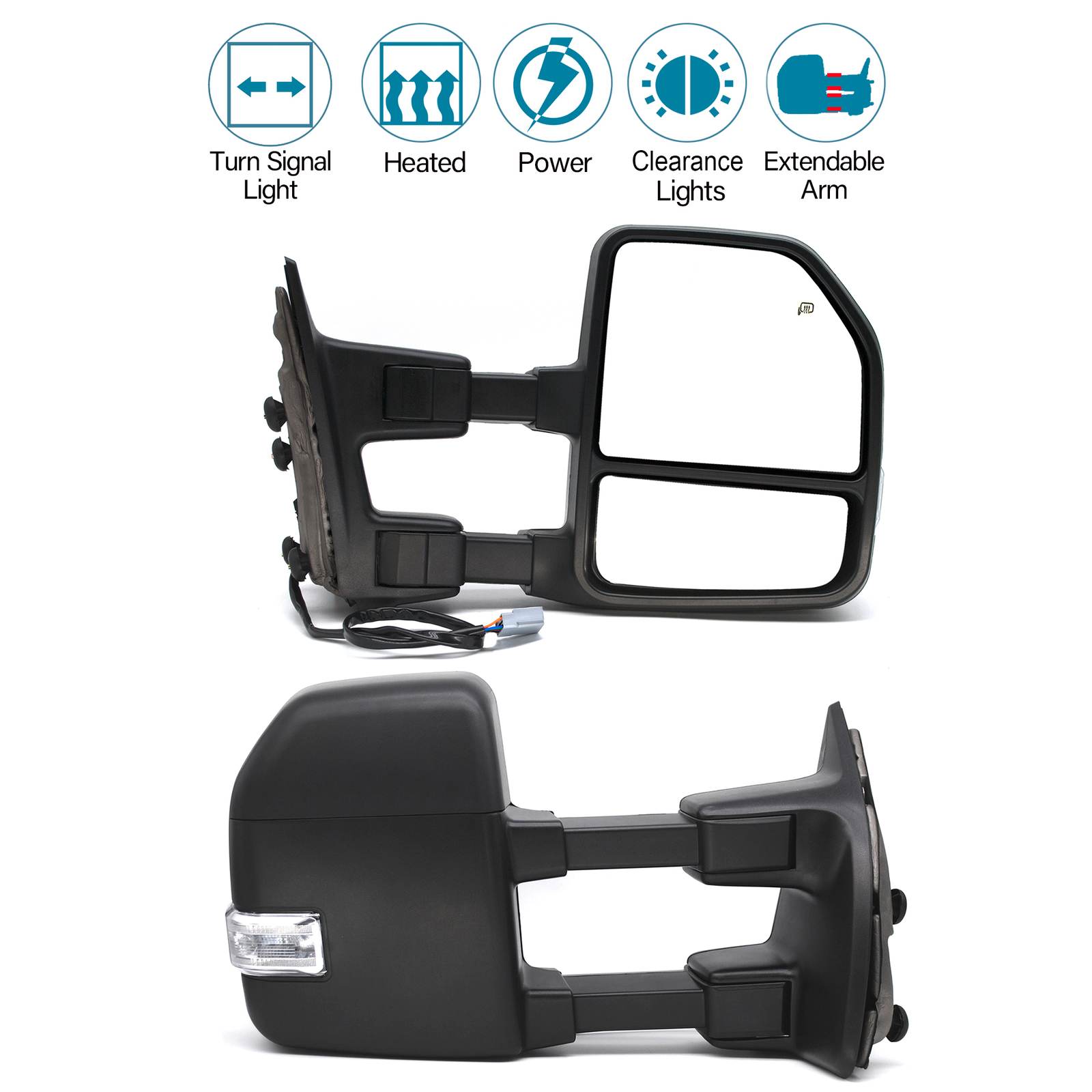 Pair Tow Mirrors Power Heated Signal Fits 1999-07 Ford F-350 F-450 SD Black