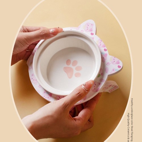 Double Bowl Ceramic Cat Bowl with Stand Non-slip Cat Feeding Dish Kitty - Picture 12 of 17