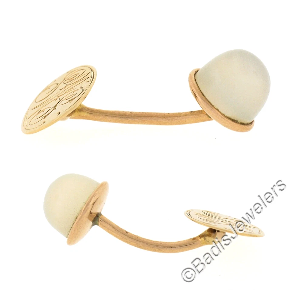 Antiguo conjunto de gemelos de piedra lunar blanca de piedra lunar blanca de oro amarillo de 14 quilates de 9 mm Foto 4 de 4