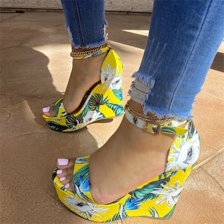 Sexy Women Sandals Floral Platform Open Toe Wedge High Heels