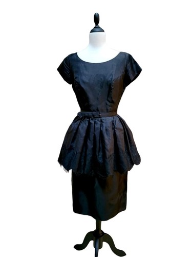 Vintage Mid Century 50s Black Satin Taffeta Tiered Tulle Party Dress w Belt Sm - Picture 3 of 12