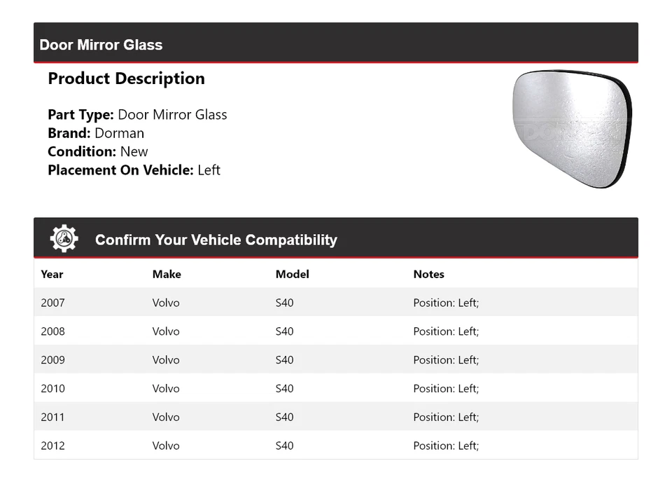 Espejo retrovisor de puerta izquierdo para Volvo S40 Dorman 2007-2012 2008 2009 2010 2011 Foto 2 de 4