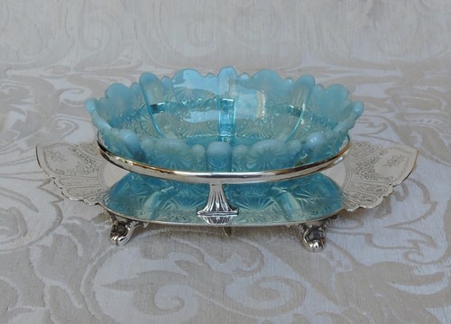 Victorian Butter Jam Dish Silver Plate and Vaseline Blue Pressed Glass c1880 - Picture 4 of 11