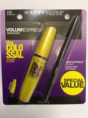 MAYBELLINE THE COLOSSAL MASCARA Glam Black # 230 with unstoppable eyeliner ONYX