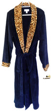 Stan Herman Snuggly Plush Robe w Pockets Cheetah Print Trim-1X, slimming navy