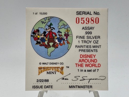 1988 1oz .999 Fine Silver Rarities Mint "Disney Around The World" Art Round #2 - Bild 7 von 12