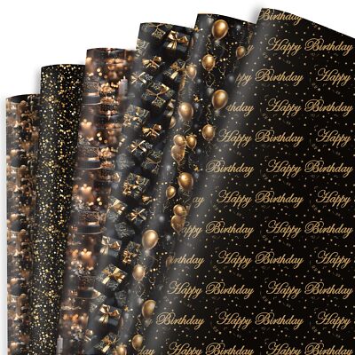 Birthday Wrapping Paper 6 Black Gold Style Gift Wrapping Paper Happy Birthday...