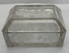 Thick Clear Etched Glass Covered Cigarette Trinket Box Floral Design 4.5 x 3.5in