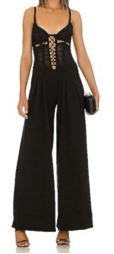 Pat-Bo Black Lace Crepe Corset Cutout Mesh Fishnet Jumpsuit Wide-Leg Pants 6 - Picture 6 of 14