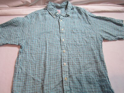 Brooks Brothers 346 large Short Sleeve Button shirt blue 100% Linen  plaid