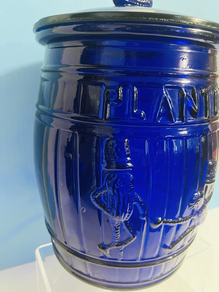 "Plantadoras raras de colección 12"" funcionando Mr. Peanut ~ tarro de barril de vidrio azul cobalto ~ tapa impresa" Foto 3 de 4