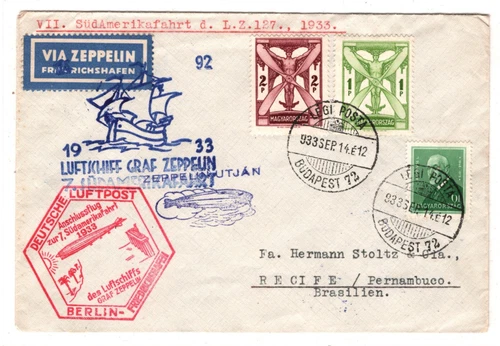 GRAF ZEPPELIN *HUNGARY* Air 2F 1F Cover 1933 7.SÜDAMERIKAFAHRT Brazil SHIP KZ571