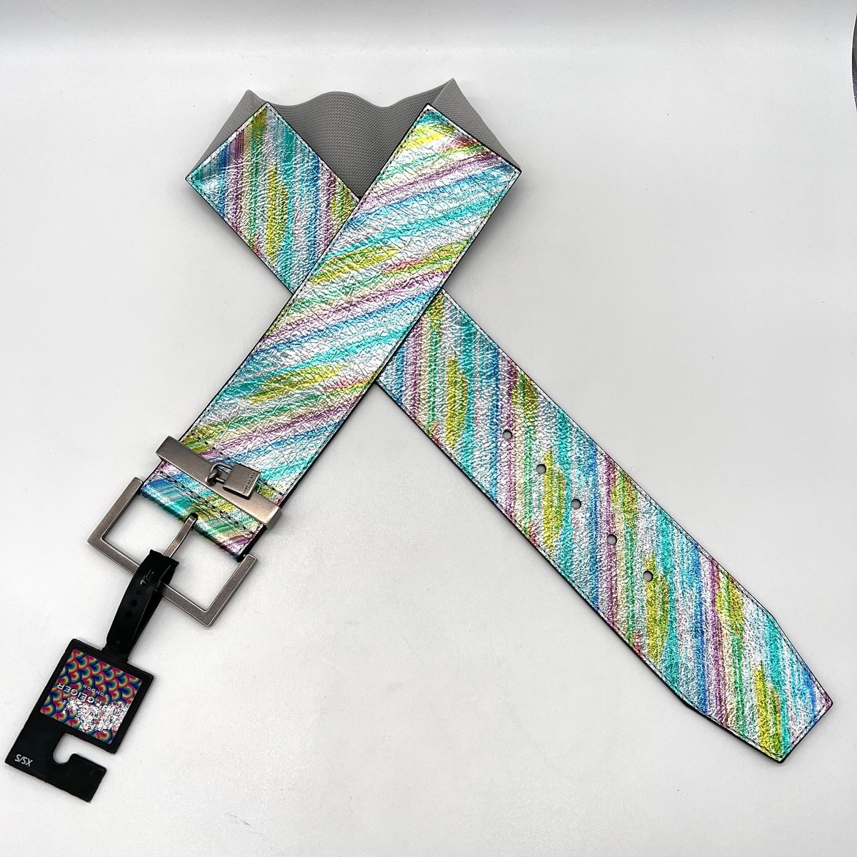 Kurt Geiger London Cream Leather Wide Waist Belt Rainbow Padlock Gold Buckle S/M SHOREDITCH 40 BELT Rainbow Swirl Crystal Belt by KURT GEIGER  main image 3