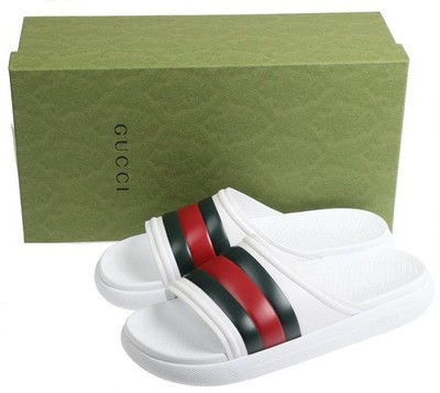 NEW GUCCI MENS WHITE RUBBER WEB LOGO BEACH POOL SLIDES SANDALS