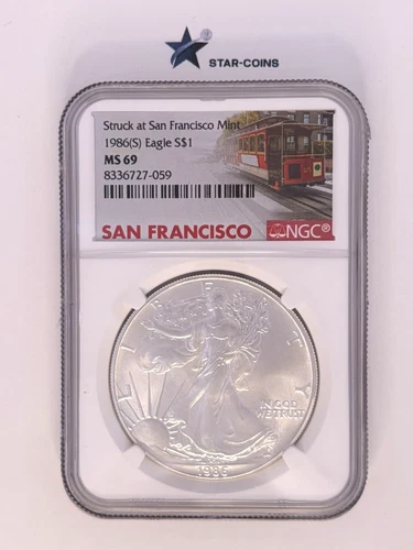 1986(S) Silver Eagle NGC MS69 Struck At SF Mint (Cable Car Label)