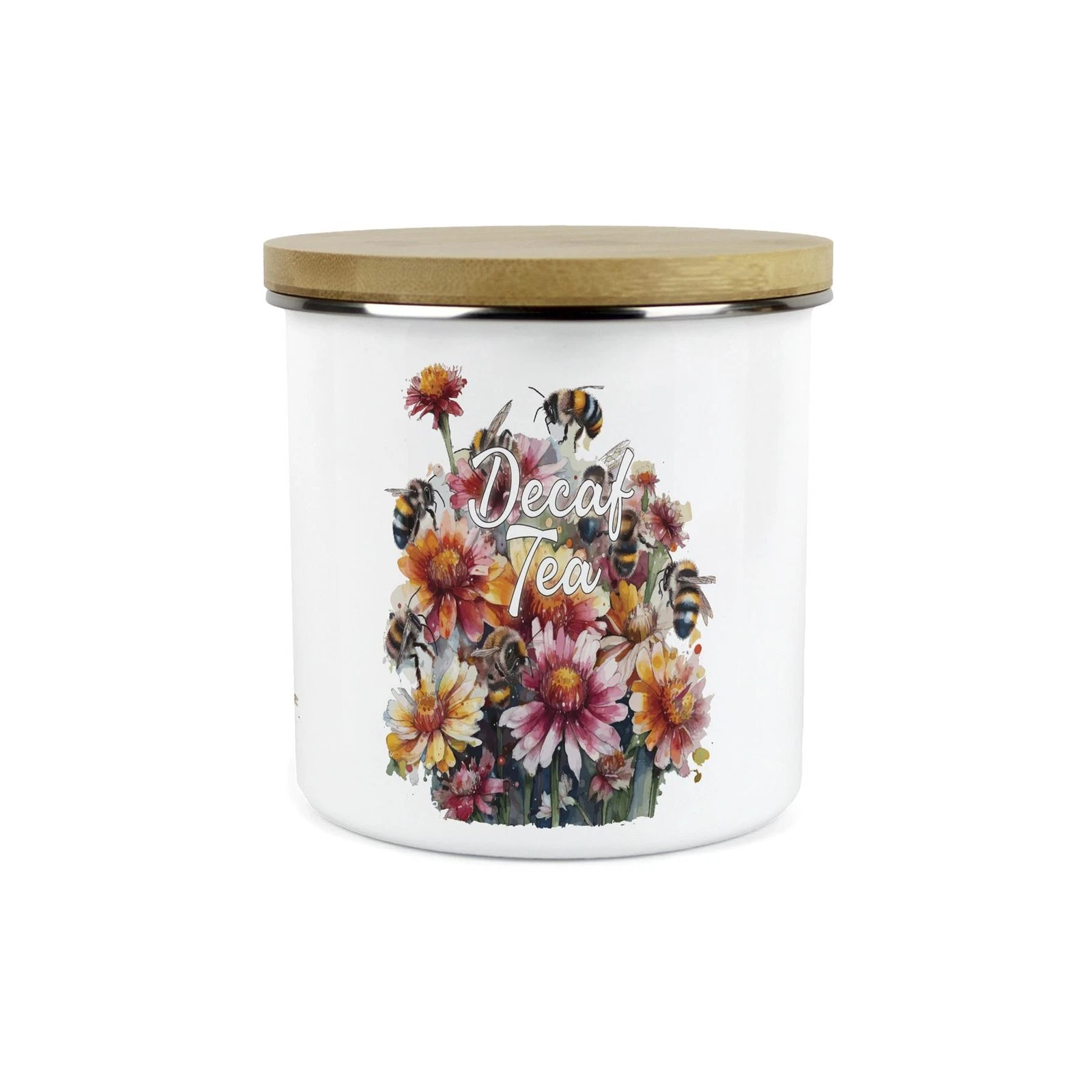 Flowers & Bees Decaf Tea Canister - 1.2L Large Enamel Kitchen Storage Gift