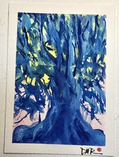 Original ACEO Paisaje Azul Árbol de Protección Dulce María Rico "VALIENTE GUARDIÁN"