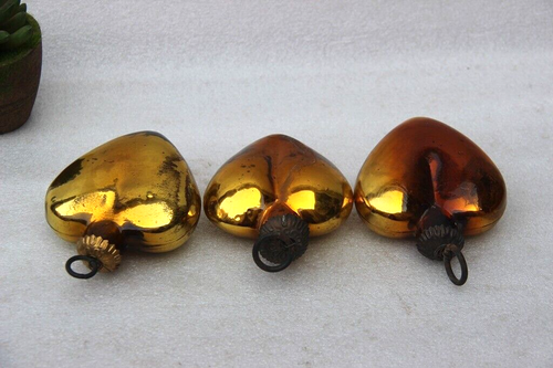 3Pc Vintage Look Gold Heart Shape 4'' Glass Kugel Christmas Ornaments Heavy - Picture 6 of 12