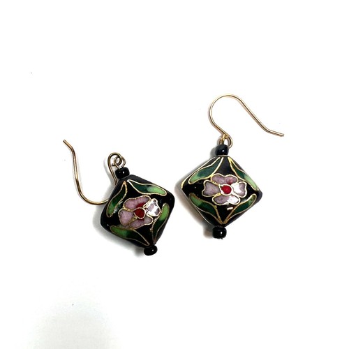 Cloisonne Chinese Japanese Enamel Flower Earrings, Vintage, Possibly Gold Fill? - Picture 4 of 4