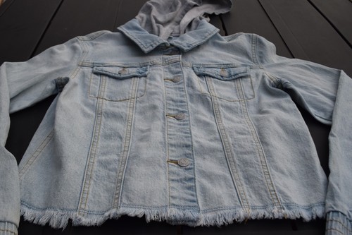 Cat & Jack Denim Jacket w/ Fleece Hood Girls XL 14 Light Wash Raw Hem Stretch - Picture 4 of 8