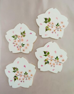 Hand Painted Tole Coasters Set of 4 Cherry Blossom Design 3.7'' Signed Japan