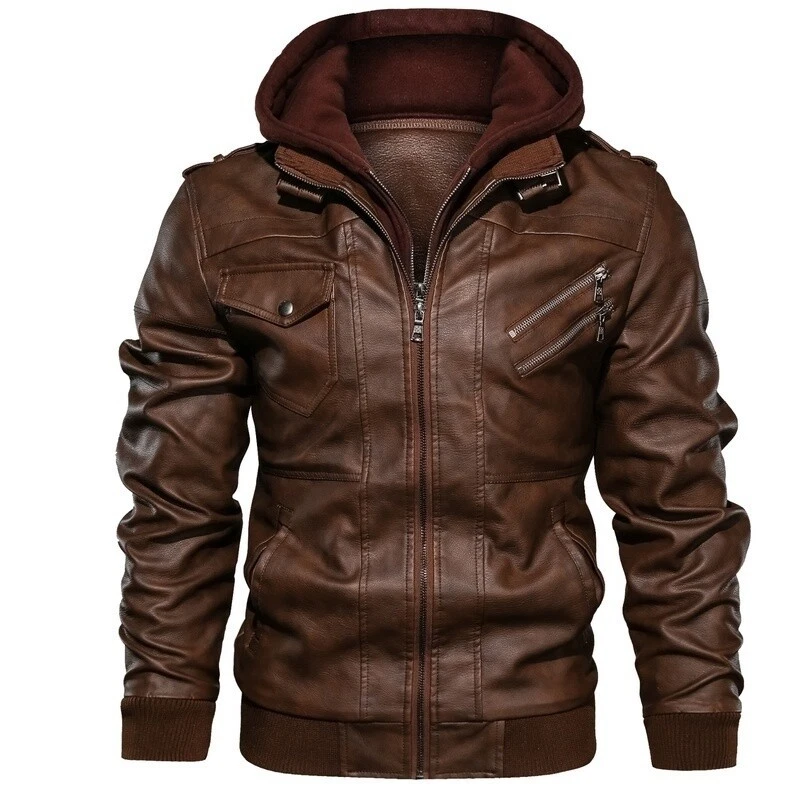 Mens Leather Jacket Punk Bomber Jacket Remove Hood Waterproof Motorbike Jacket. - Image 2 of 4