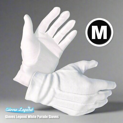 1 Pair - Medium Gloves Legend 100% Cotton White Parade Formal Attire Gloves