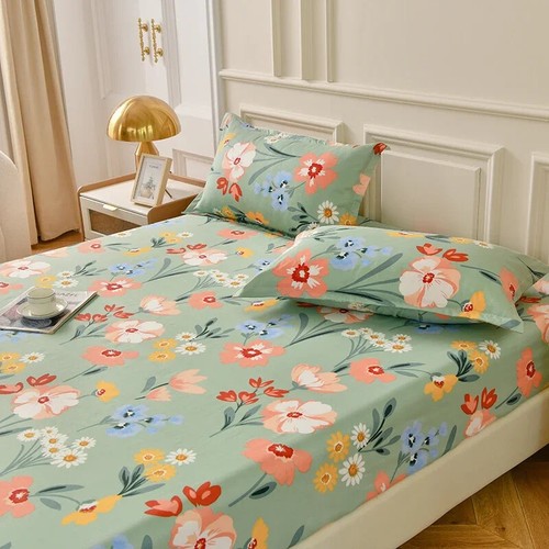 FittedSheet Set Floral Style Pillowcase Elastic Bedsheet Skin-friendly Bed Linen - Picture 23 of 34