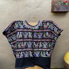 Vintage Handwoven Guatemalan Huipil, Black Base Huipil with People  Llama Motif