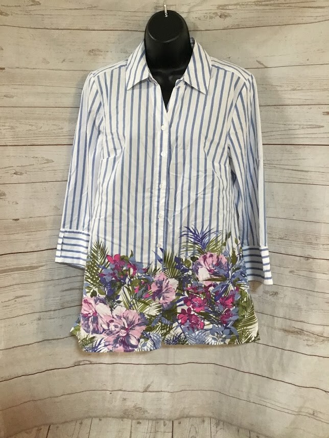 D&Co Denim & Company Women's Button Front Shirt Striped/Floral