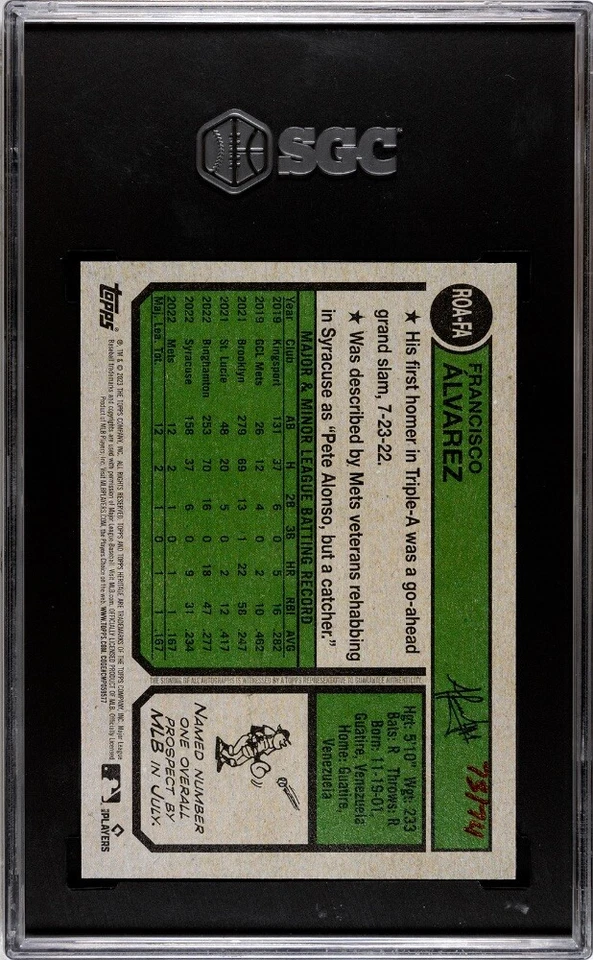 2023 Topps Heritage Real One Francisco Alvarez Red Ink Auto ROA-FA Mets SGC 10/9 - Image 2 of 2