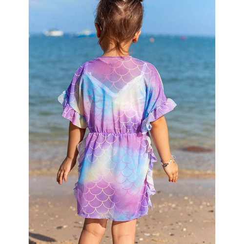 Girl Dress Mermaid Costume Fish Scale Swimsuit Round Neck Beachwear Ruffle Mesh - Picture 8 of 18