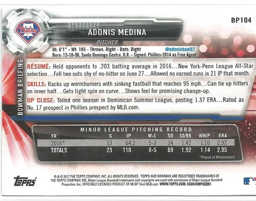 Adonis Medina Philadelphia Phillies 2017 Bowman Prospects - Picture 2 of 2