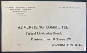 Mint Washington DC USA Federal Liquidation Board Postcard Cover to Advertising C