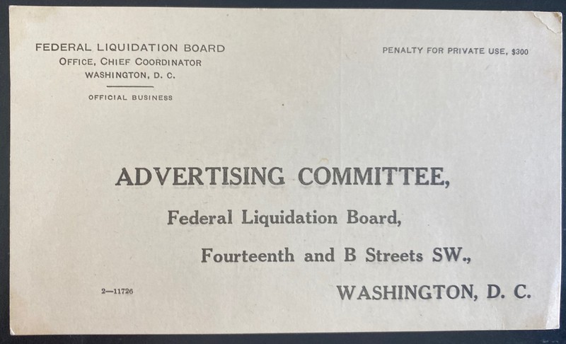 Mint Washington DC USA Federal Liquidation Board Postcard Cover to Advertising C