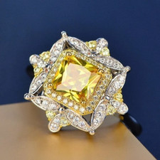 Honey Yellow Asscher Cut 2.12CT Citrine With White Diamonds Flower Design Ring
