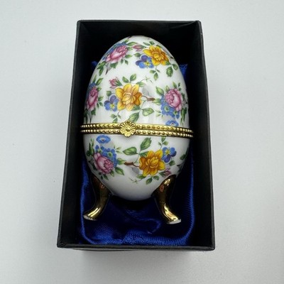 Vintage Regency Porzellan Ei Schmuckschatulle aufklappbar Blumen Goldrand Geschenkbox Dekor