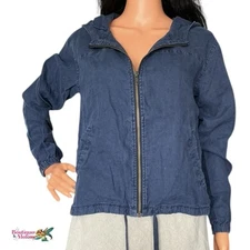 Michael Stars Navy Blue Linen Jacket Full Zip Hooded Women Sz S